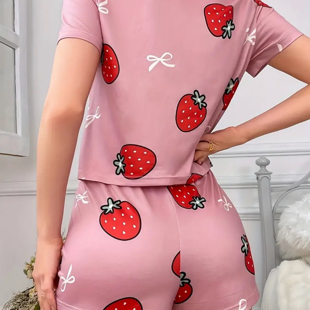 Strawberry Pajamas Short Sleeves Shorts Pants Pink Red White Women’s Size XL - Picture 5 of 10